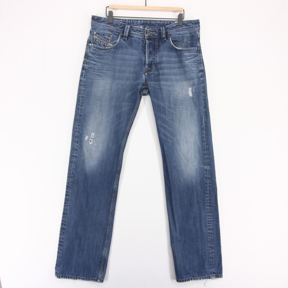 Diesel Larkee Jeans Mens 34x34 Blue Regular Straight Button Fly Distressed